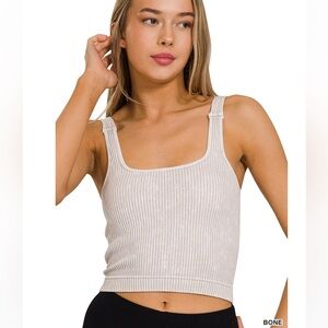 NEW Zenana Bone Washed Ribbed Seamless Square Neck Brami Tank Padded S/M L/XL